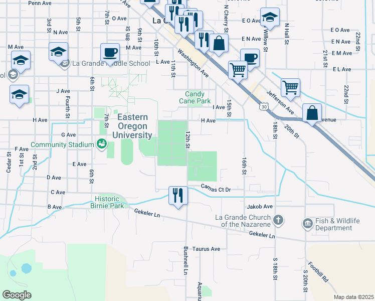 map of restaurants, bars, coffee shops, grocery stores, and more near 12th Street in La Grande