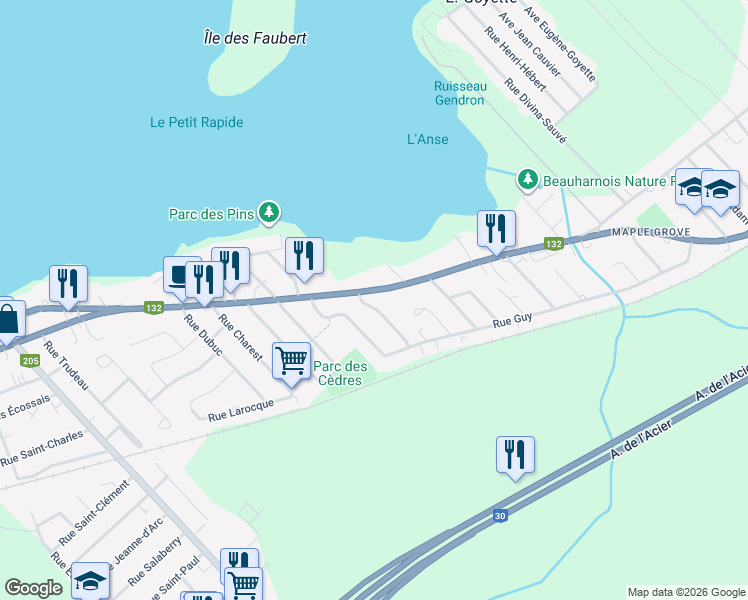 map of restaurants, bars, coffee shops, grocery stores, and more near 253 Boulevard de Maple Grove in Beauharnois