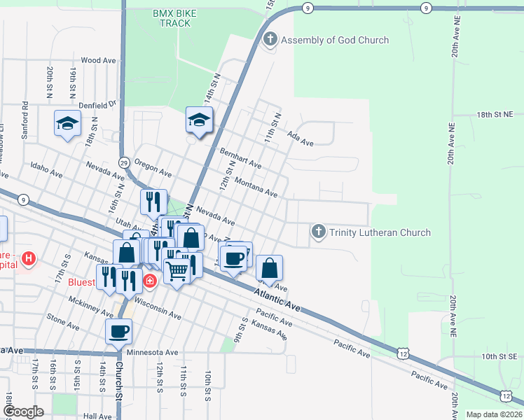 map of restaurants, bars, coffee shops, grocery stores, and more near 509 10th Street North in Benson