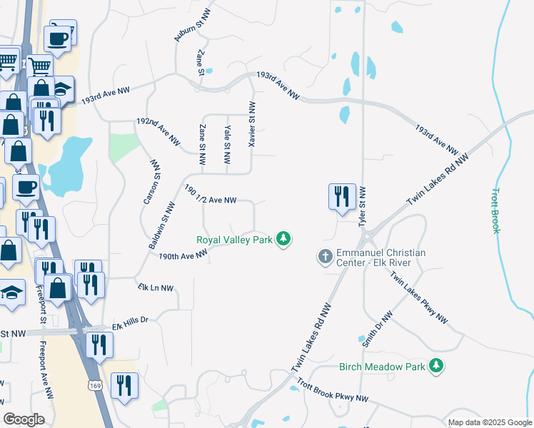 map of restaurants, bars, coffee shops, grocery stores, and more near 19031 Xavier Street Northwest in Elk River