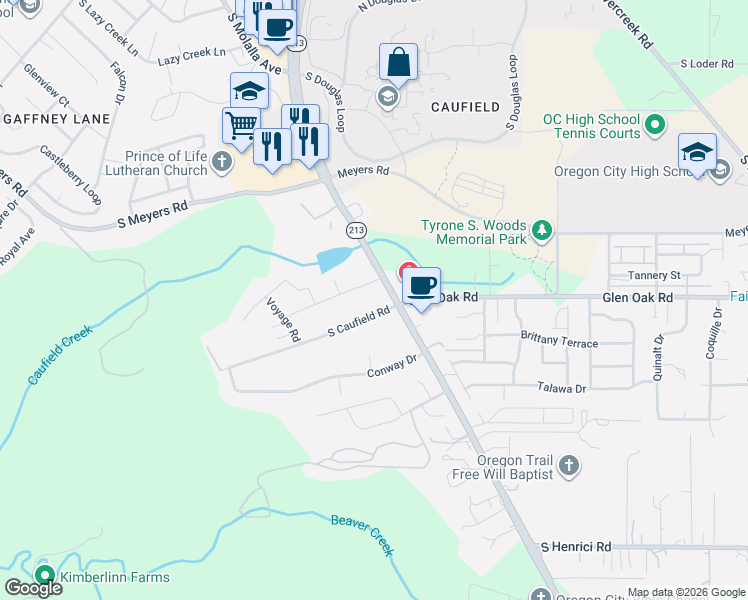 map of restaurants, bars, coffee shops, grocery stores, and more near 14231 South Caufield Road in Oregon City