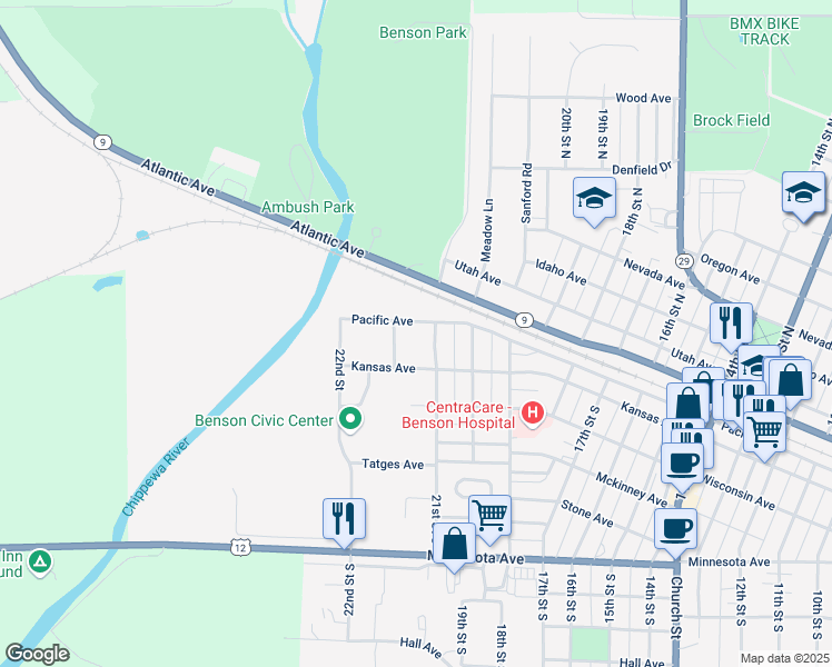 map of restaurants, bars, coffee shops, grocery stores, and more near 120 21st Street South in Benson