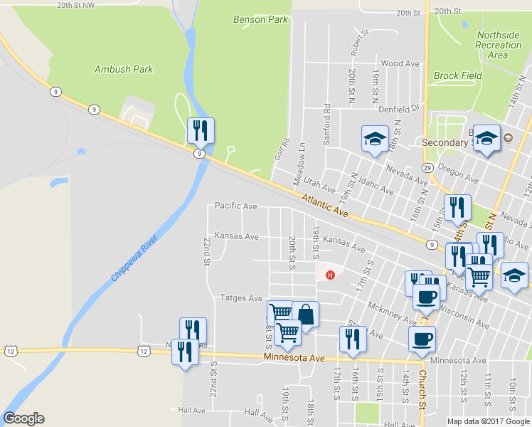 map of restaurants, bars, coffee shops, grocery stores, and more near 120 21st Street South in Benson
