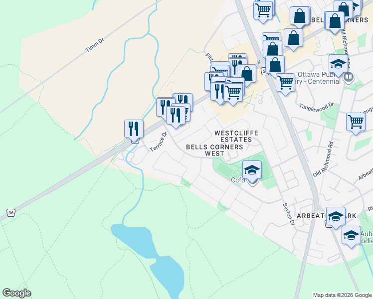 map of restaurants, bars, coffee shops, grocery stores, and more near 24 Westcliffe Road in Ottawa