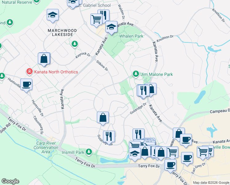map of restaurants, bars, coffee shops, grocery stores, and more near 135 Gatespark Private in Ottawa