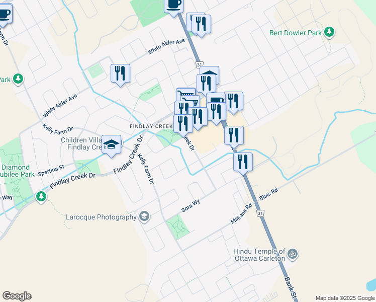 map of restaurants, bars, coffee shops, grocery stores, and more near 759 Cedar Creek Drive in Ottawa