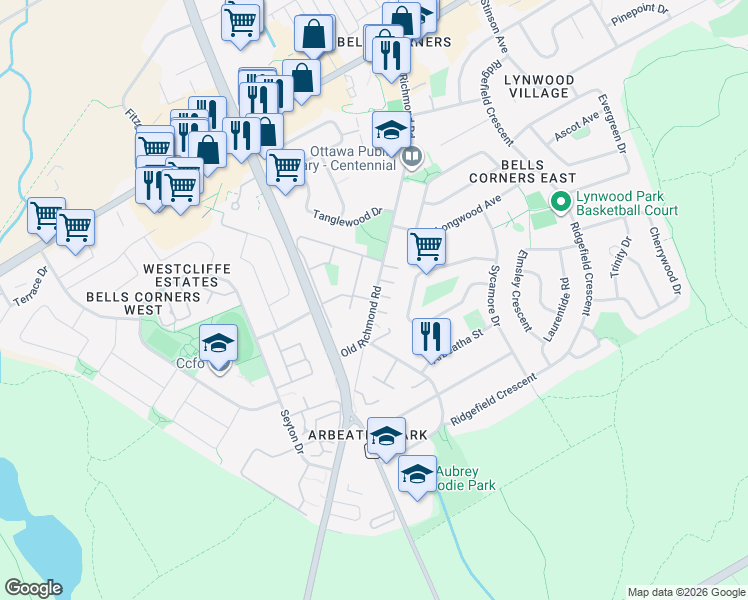 map of restaurants, bars, coffee shops, grocery stores, and more near 3917 Old Richmond Road in Ottawa