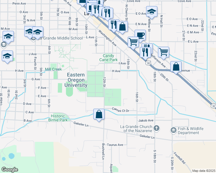 map of restaurants, bars, coffee shops, grocery stores, and more near 611 12th Street in La Grande