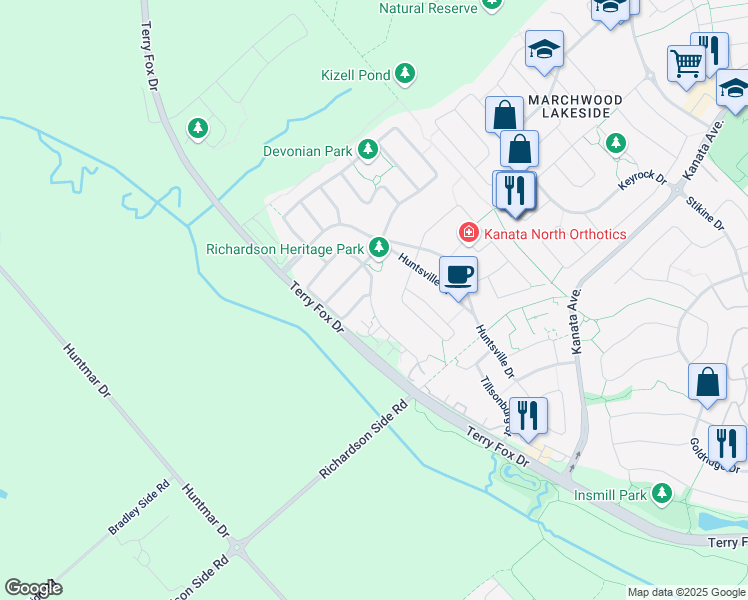 map of restaurants, bars, coffee shops, grocery stores, and more near 125 Boundstone Way in Ottawa