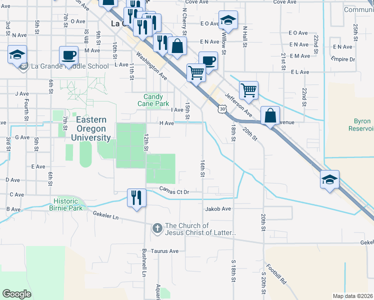 map of restaurants, bars, coffee shops, grocery stores, and more near 508 16th Street in La Grande