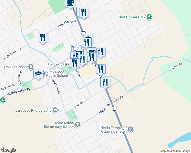map of restaurants, bars, coffee shops, grocery stores, and more near 362 Wood Acres Grove in Ottawa