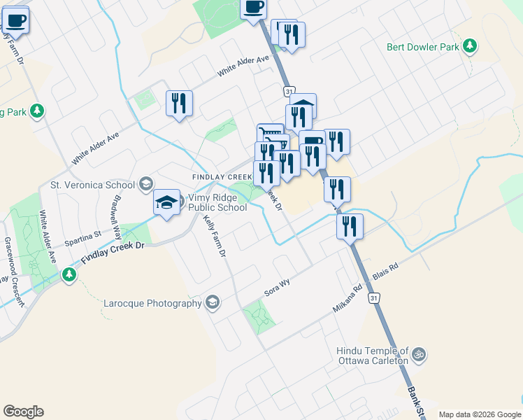 map of restaurants, bars, coffee shops, grocery stores, and more near 761 Cedar Creek Drive in Ottawa