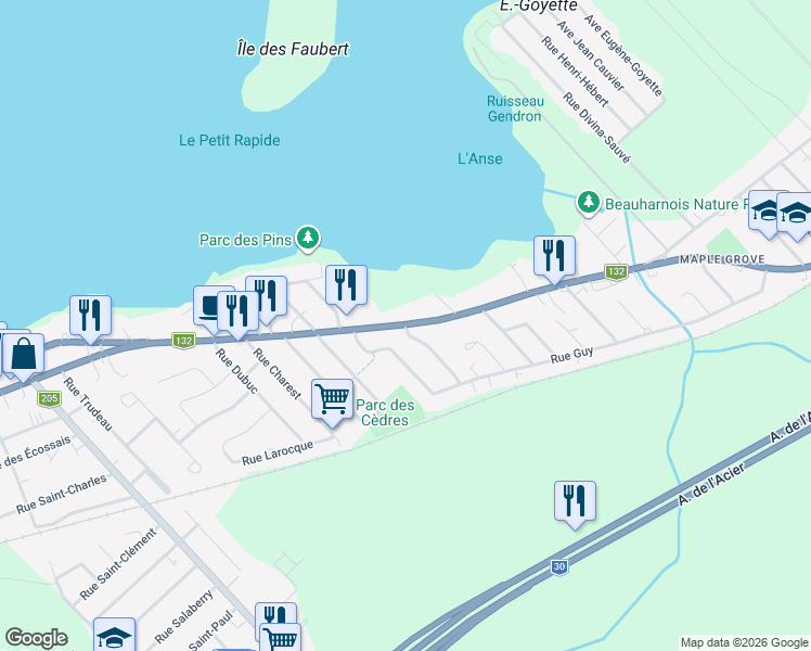 map of restaurants, bars, coffee shops, grocery stores, and more near 253 Boulevard de Maple Grove in Beauharnois
