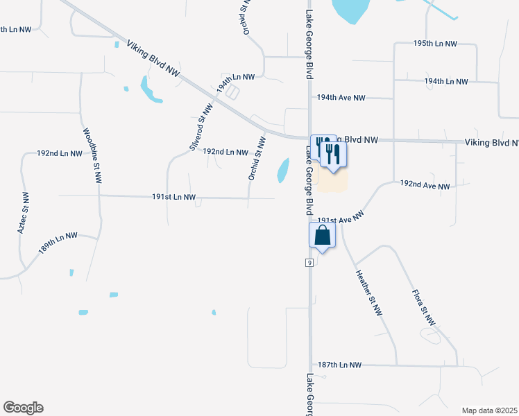 map of restaurants, bars, coffee shops, grocery stores, and more near 3330 191st Lane Northwest in Oak Grove