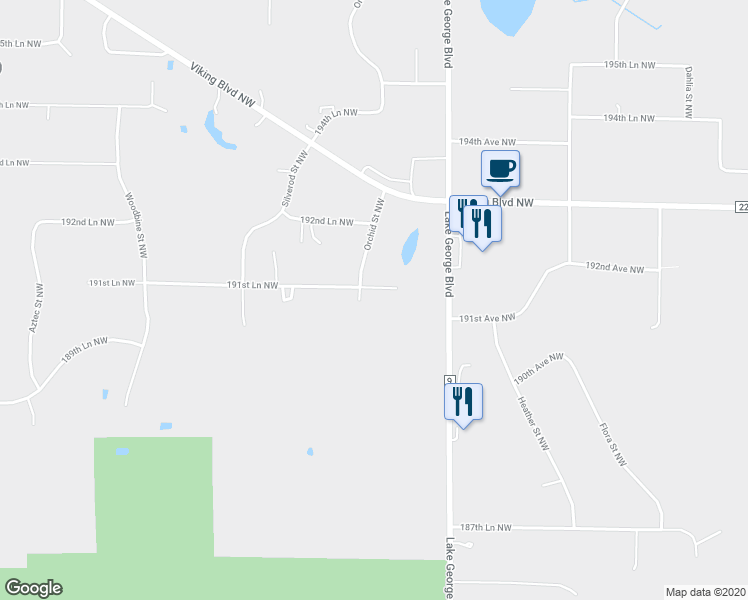 map of restaurants, bars, coffee shops, grocery stores, and more near 3330 191st Lane Northwest in Oak Grove