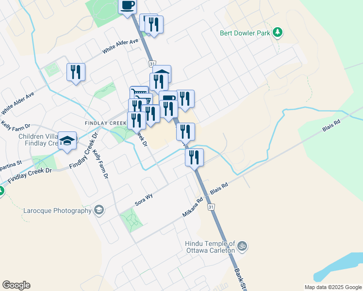 map of restaurants, bars, coffee shops, grocery stores, and more near 138 Eric Maloney Way in Ottawa