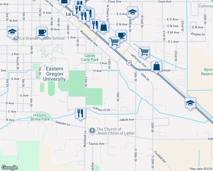map of restaurants, bars, coffee shops, grocery stores, and more near in La Grande