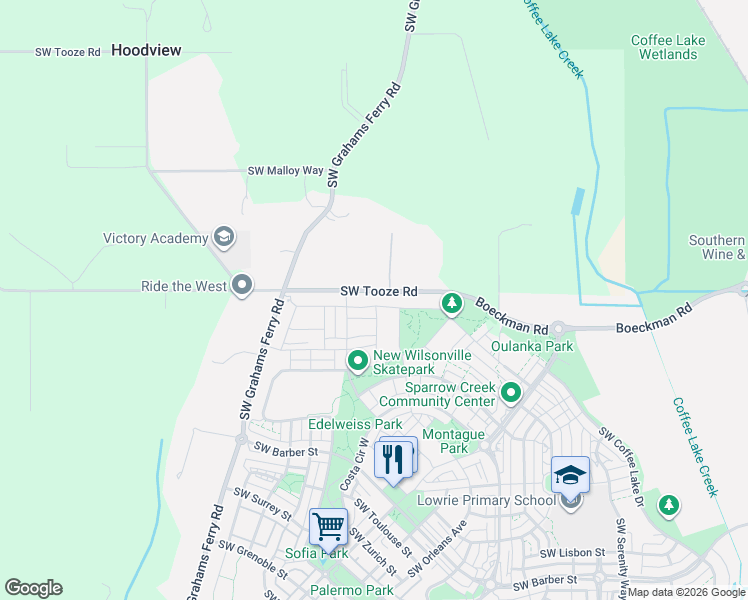 map of restaurants, bars, coffee shops, grocery stores, and more near 11733 Southwest Barcelona Street in Wilsonville