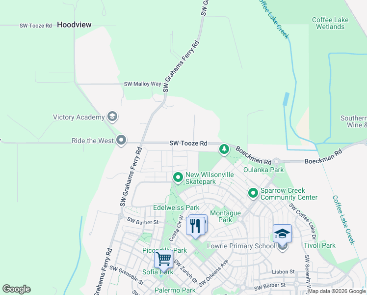 map of restaurants, bars, coffee shops, grocery stores, and more near 28260 Southwest Paris Avenue in Wilsonville
