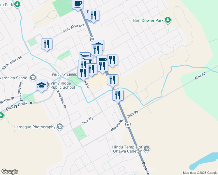 map of restaurants, bars, coffee shops, grocery stores, and more near 366 Wood Acres Grove in Ottawa
