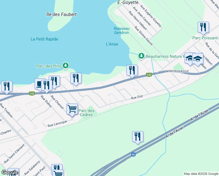 map of restaurants, bars, coffee shops, grocery stores, and more near 245 Boulevard de Maple Grove in Beauharnois