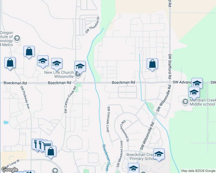 map of restaurants, bars, coffee shops, grocery stores, and more near 7400 Boeckman Road in Wilsonville