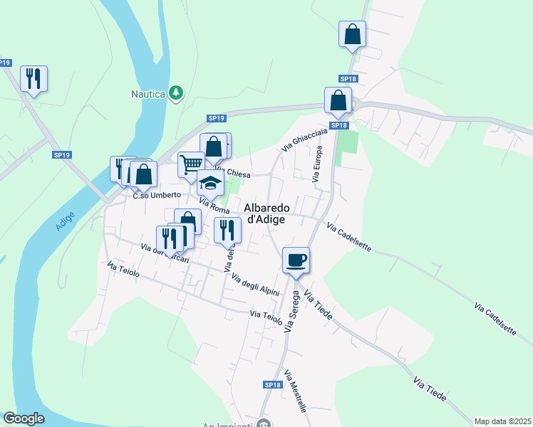 map of restaurants, bars, coffee shops, grocery stores, and more near 13 Via Ponte Asse in Albaredo D'adige