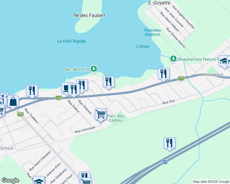 map of restaurants, bars, coffee shops, grocery stores, and more near 274 Boulevard de Maple Grove in Beauharnois