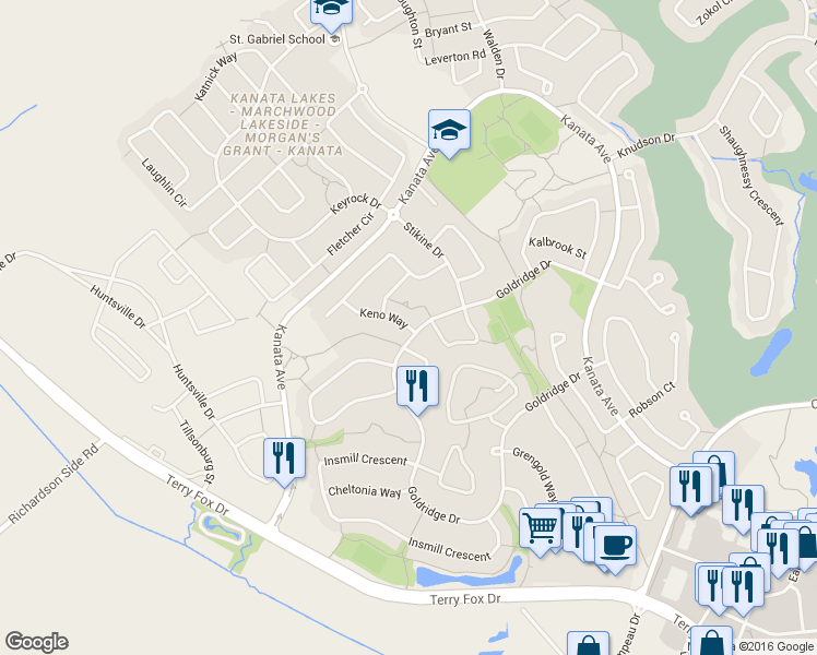 map of restaurants, bars, coffee shops, grocery stores, and more near 4 Keno Way in Ottawa