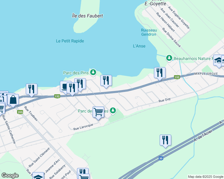 map of restaurants, bars, coffee shops, grocery stores, and more near 274 Boulevard de Maple Grove in Beauharnois
