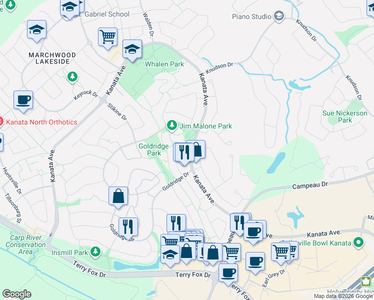 map of restaurants, bars, coffee shops, grocery stores, and more near 32 Windcrest Court in Ottawa