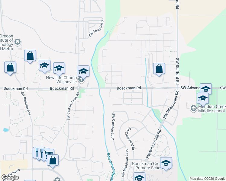 map of restaurants, bars, coffee shops, grocery stores, and more near 7400 Boeckman Road in Wilsonville