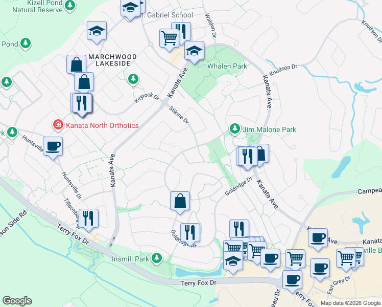 map of restaurants, bars, coffee shops, grocery stores, and more near 286 Goldridge Drive in Ottawa