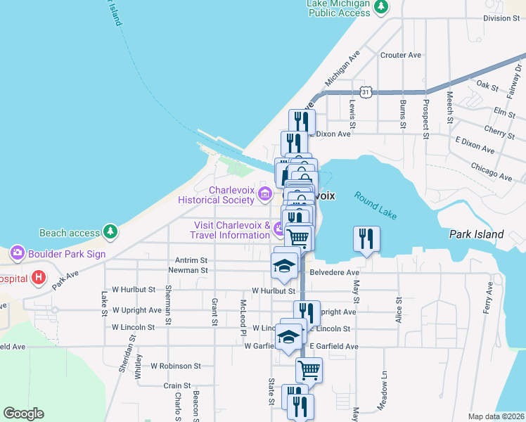 map of restaurants, bars, coffee shops, grocery stores, and more near 298 Park Avenue in Charlevoix