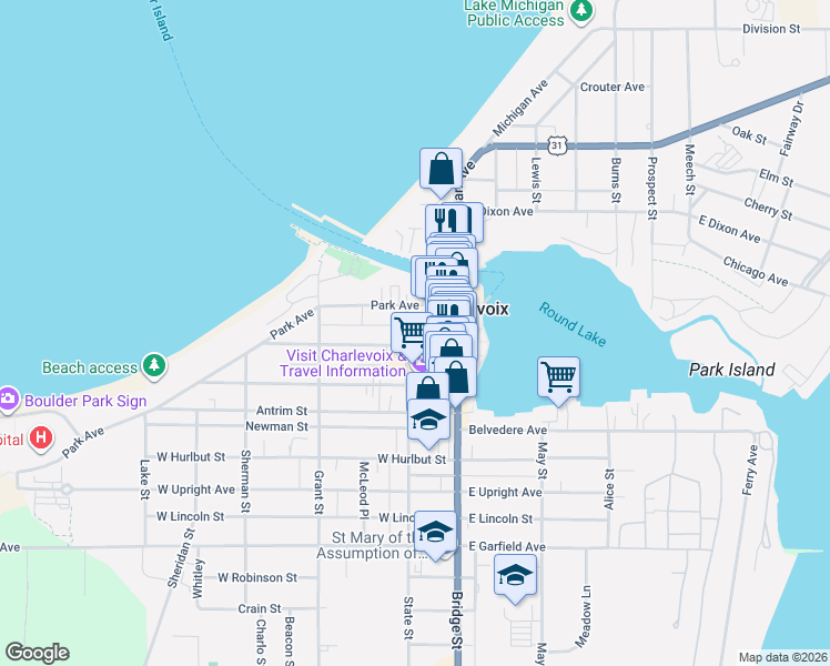 map of restaurants, bars, coffee shops, grocery stores, and more near 108 Park Avenue in Charlevoix