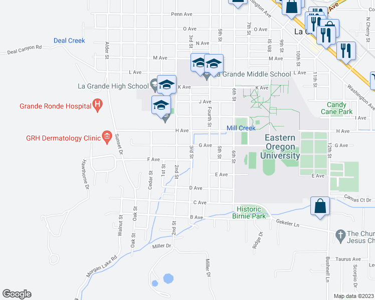 map of restaurants, bars, coffee shops, grocery stores, and more near 606 3rd Street in La Grande