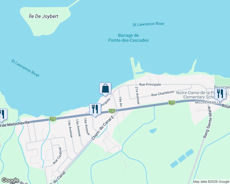 map of restaurants, bars, coffee shops, grocery stores, and more near 372 Rue Principale in Beauharnois
