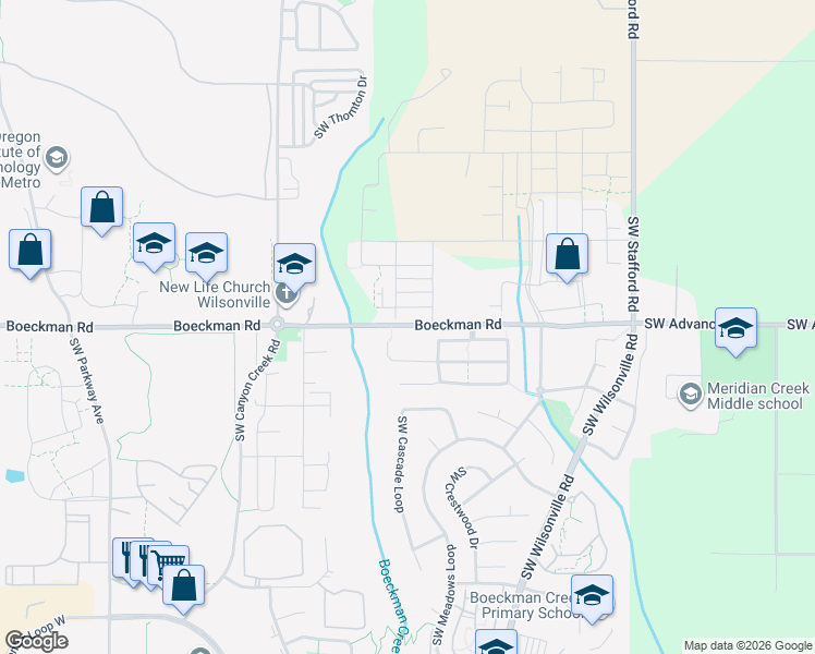 map of restaurants, bars, coffee shops, grocery stores, and more near 7406 Boeckman Road in Wilsonville