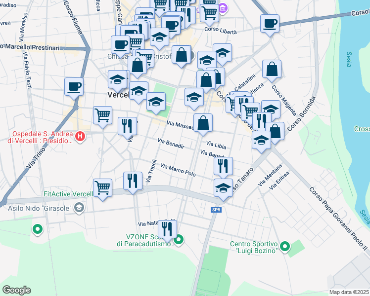 map of restaurants, bars, coffee shops, grocery stores, and more near 2-6 Via Libia in Vercelli