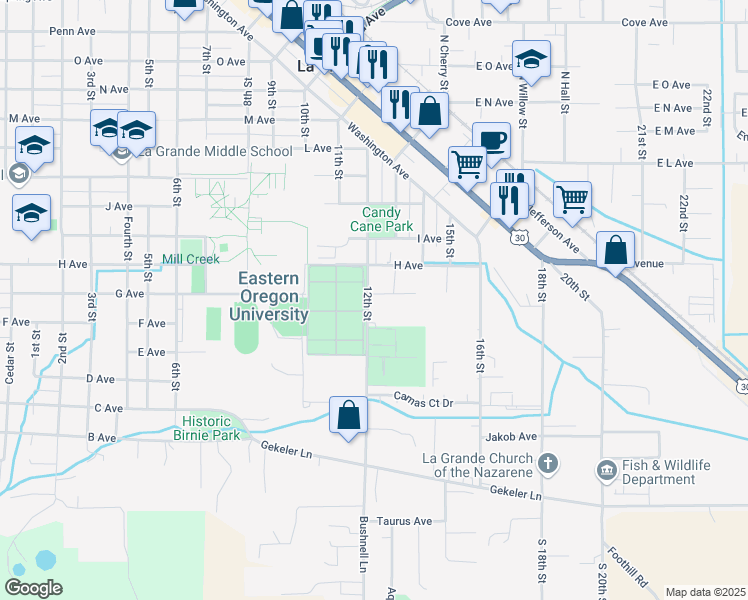 map of restaurants, bars, coffee shops, grocery stores, and more near 703 12th Street in La Grande