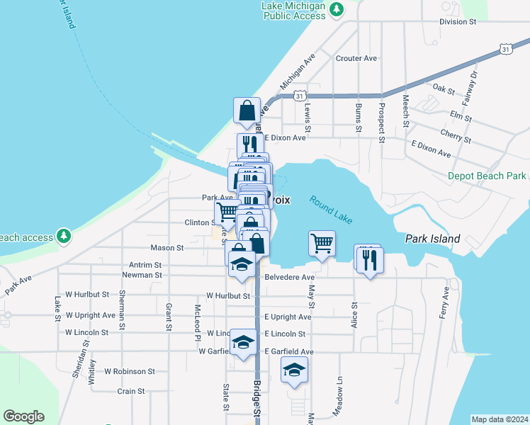 map of restaurants, bars, coffee shops, grocery stores, and more near in Charlevoix