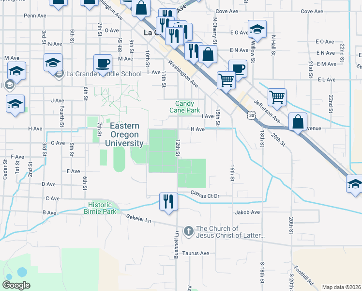 map of restaurants, bars, coffee shops, grocery stores, and more near 703 12th Street in La Grande