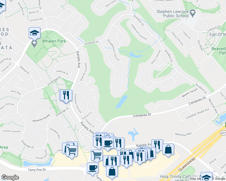 map of restaurants, bars, coffee shops, grocery stores, and more near 53 Windeyer Crescent in Ottawa