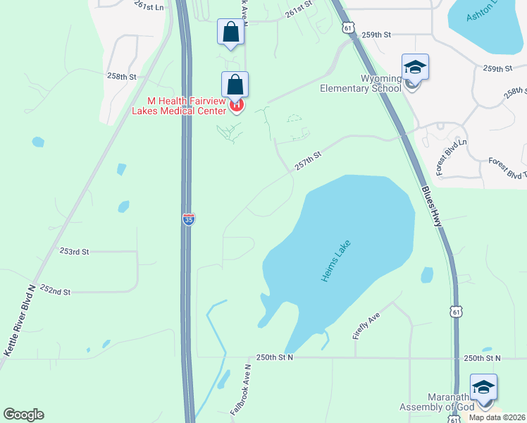 map of restaurants, bars, coffee shops, grocery stores, and more near 257th Street in Forest Lake