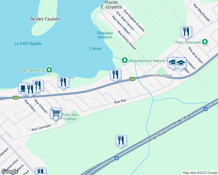 map of restaurants, bars, coffee shops, grocery stores, and more near 215 Boulevard de Maple Grove in Beauharnois