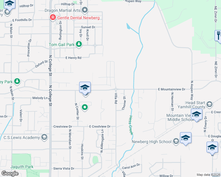 map of restaurants, bars, coffee shops, grocery stores, and more near 1421 East Mountainview Drive in Newberg