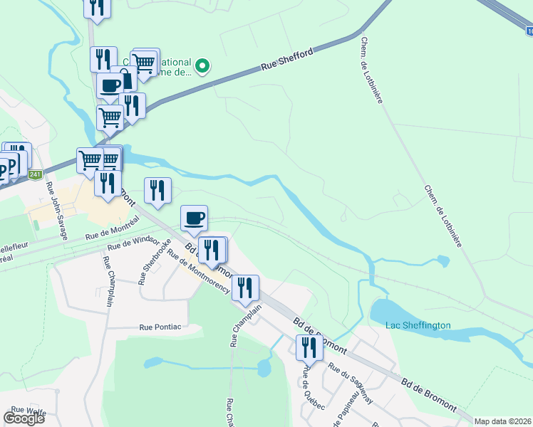 map of restaurants, bars, coffee shops, grocery stores, and more near 211 Avenue de l'Hôtel de Ville in Bromont