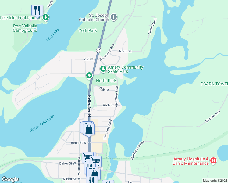 map of restaurants, bars, coffee shops, grocery stores, and more near 603 Riverside Boulevard in Amery
