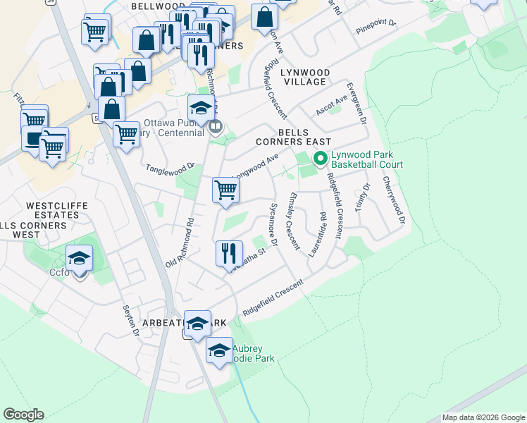 map of restaurants, bars, coffee shops, grocery stores, and more near 58 Quinpool Crescent in Ottawa