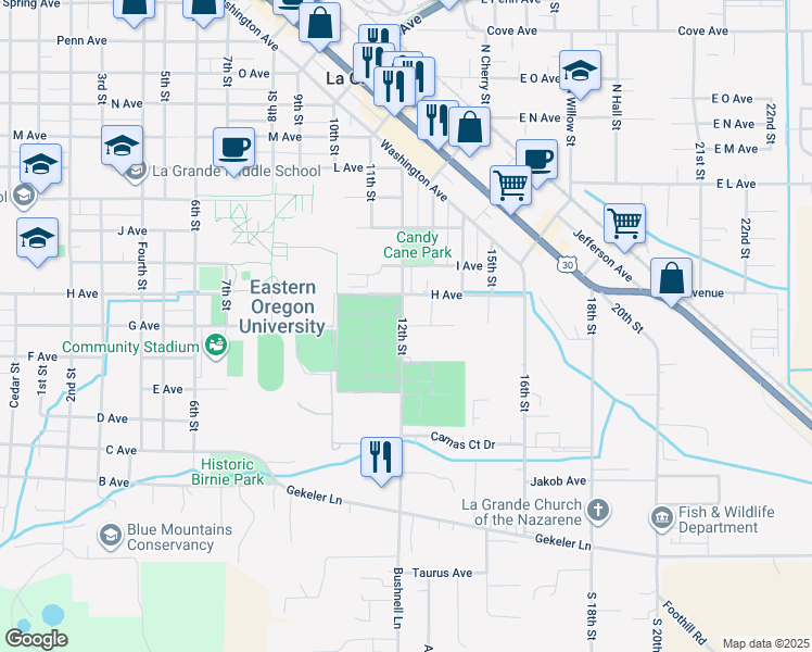map of restaurants, bars, coffee shops, grocery stores, and more near 703 12th Street in La Grande